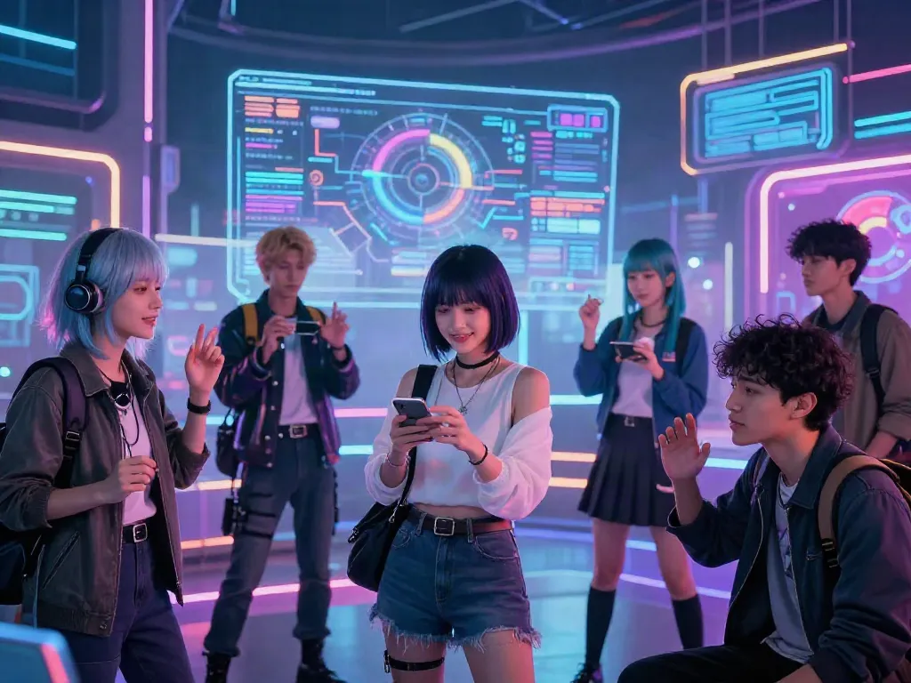 Immersive scene with AI-generated futa ai characters in vibrant digital environment.