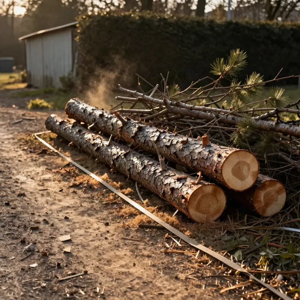Pin abattu, billons alignés et branches évacuées sur un terrain balisé au soleil couchant.