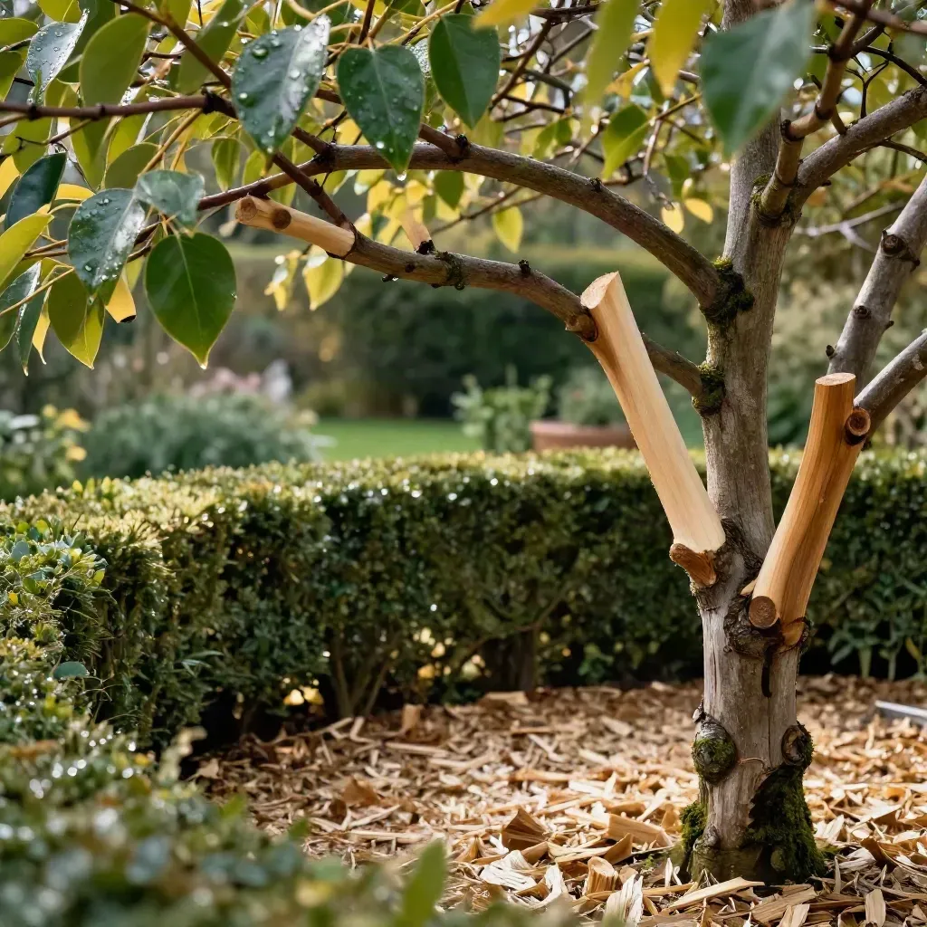 Élagage d’un tilleul dans un jardin humide, coupes nettes, haie taillée et copeaux au sol.