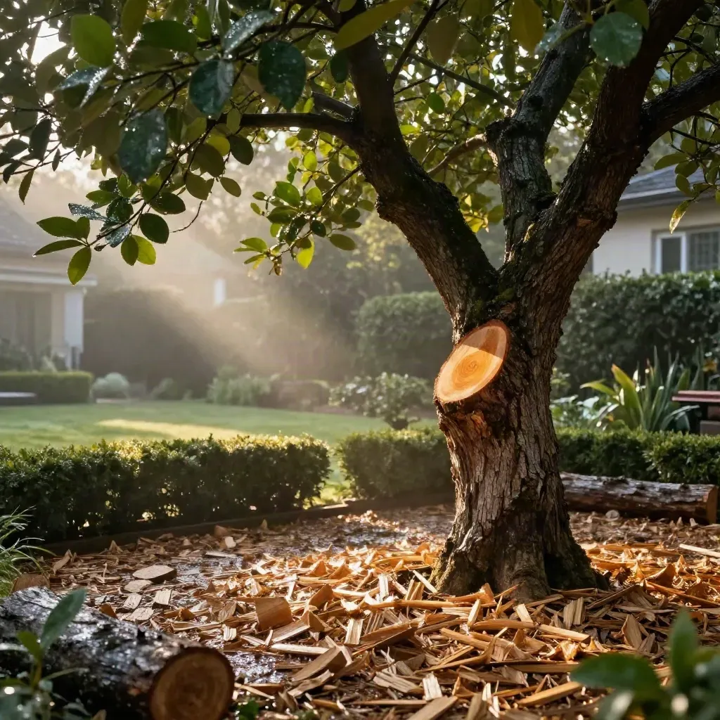 Grand tilleul élagué après pluie, copeaux, haie taillée et jardin humide à la lumière rasante.
