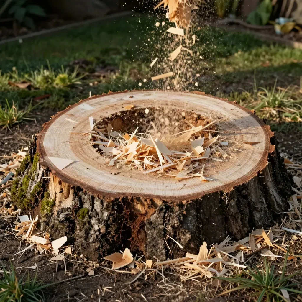 Gros plan d’une souche fraîchement broyée, copeaux épais et pelouse nette au soleil.
