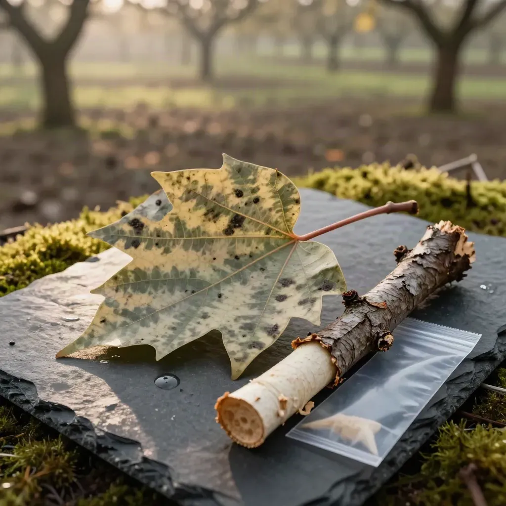 Rameau de platane taché, feuilles marbrées, écorce et sachet d’échantillon sur mousse humide.