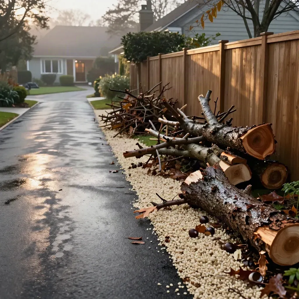 Allée nettoyée après tempête avec branches et tronc au sol près d’une clôture