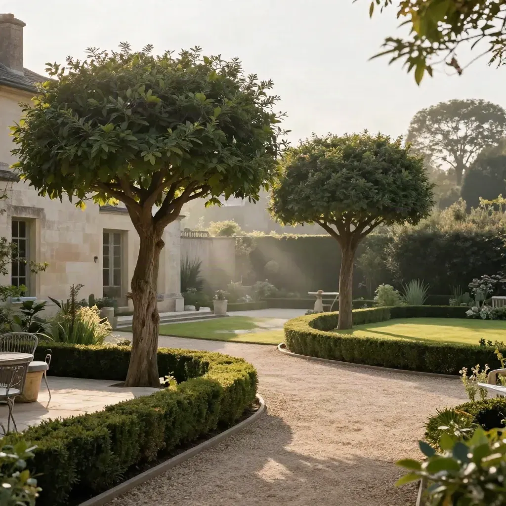 Jardin familial à Tours, deux platanes taillés, haies nettes et allée propre au matin.