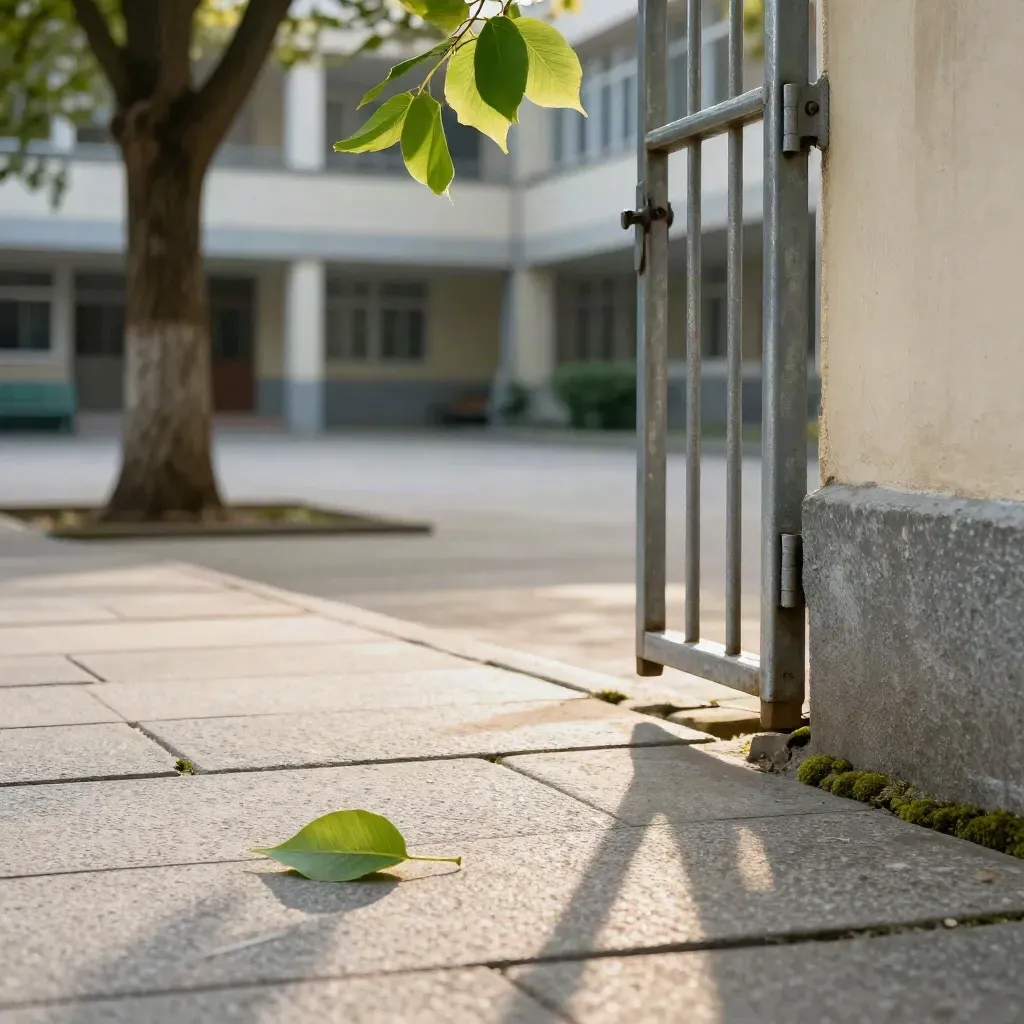 Cour d’école nettoyée après le vent, portail ouvert et tilleuls, lumière douce.
