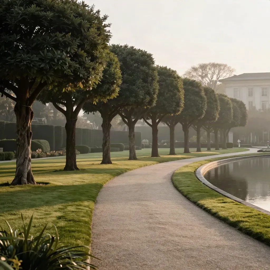 Parc d’hôtel soigné avec arbres taillés, pelouse impeccable, allée claire et bassin calme.