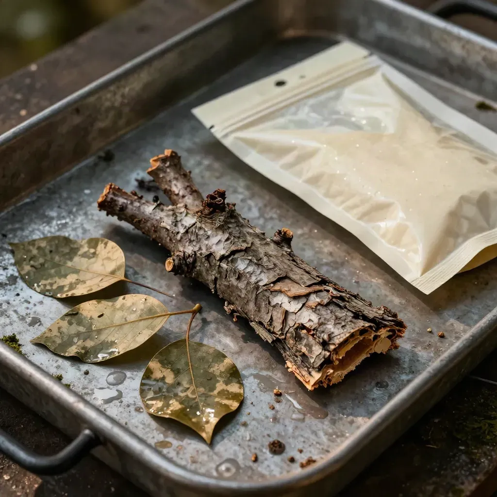 Gros plan d’écorce, rameau malade, feuilles tachetées et sachet de prélèvement sur métal humide.