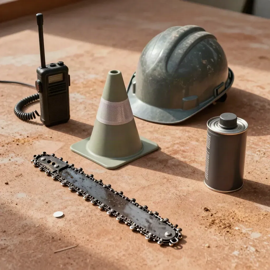 Vue de dessus d’une radio de chantier, casque, cône pliable, chaîne et huile sur béton clair.