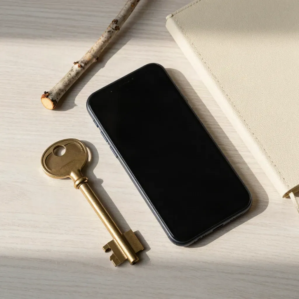 Vue zénithale d’un téléphone noir, d’une clé, d’un carnet en toile et d’un rameau sur bois clair