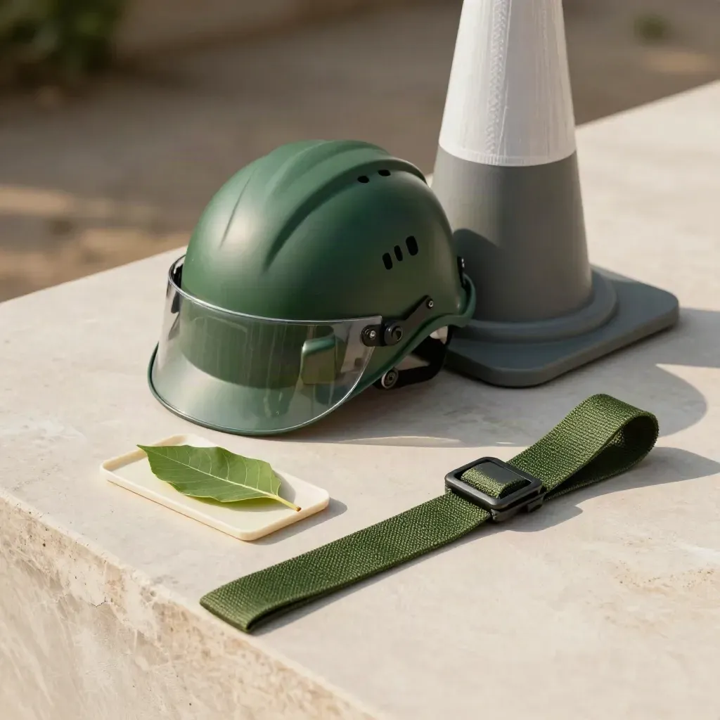 Casque forestier, cône pliable, feuille et sangle de repérage sur fond clair.