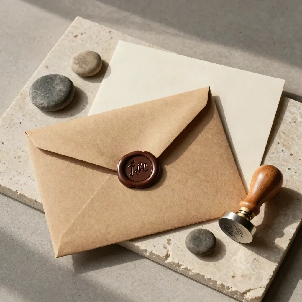 Enveloppe kraft scellée, jeton métal, galets alignés et sceau en bois sur pierre claire.