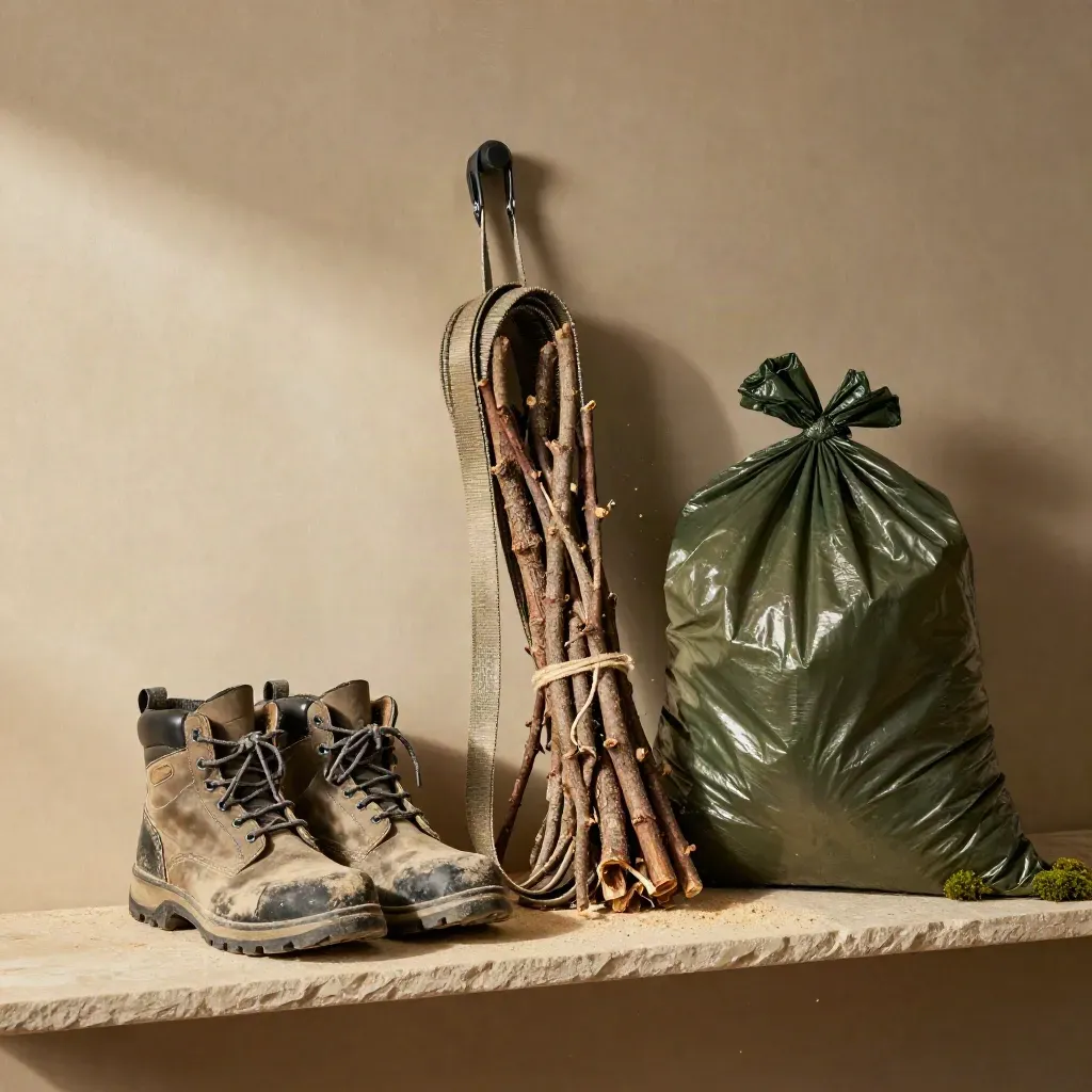Bottes poussiéreuses, sangle, sac de déchets verts et rameaux liés sur une étagère en pierre.