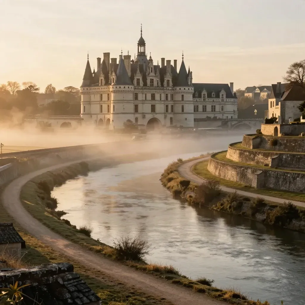 Château d’Amboise au-dessus de la Loire embrumée, lumière dorée sur la vallée de Touraine.