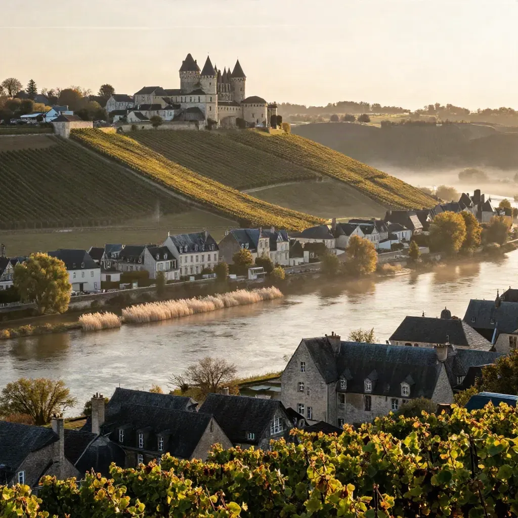 Saumur sur la Loire dans la brume, coteaux viticoles et lumière dorée.