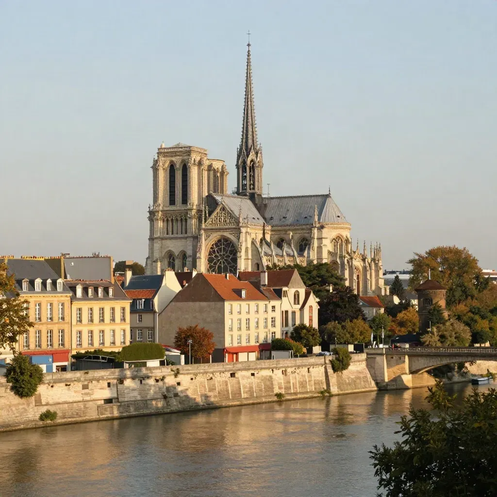 La cathédrale d’Orléans au-dessus des toits et de la Loire dans une brume dorée.