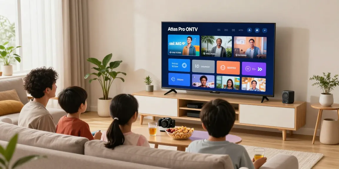 Une famille profite de l'application Atlas Pro ONTV sur une télévision intelligente dans un salon moderne.
